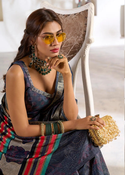 Dark Blue Dola Silk Printed Saree with Fancy Zari Border