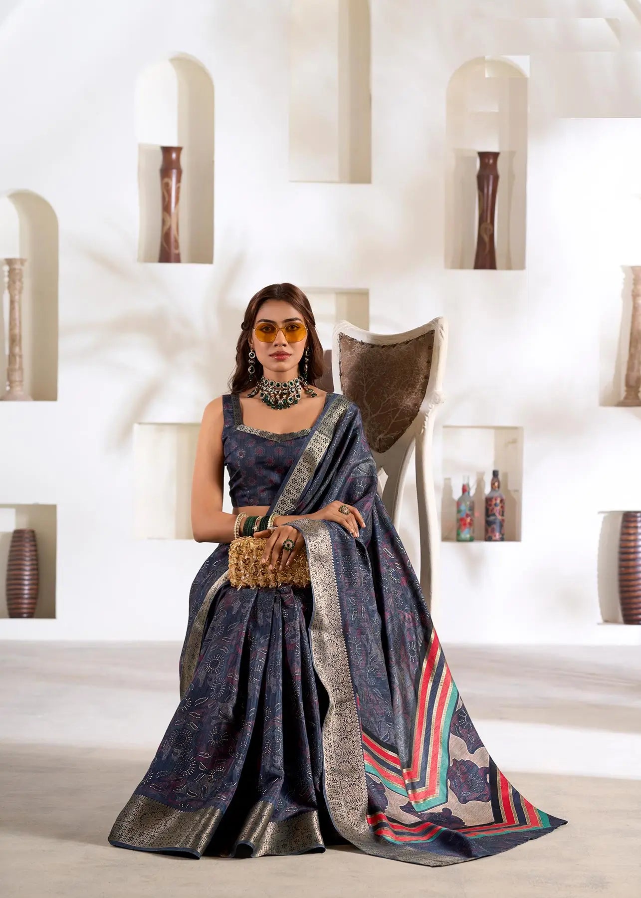 Dark Blue Dola Silk Printed Saree with Fancy Zari Border