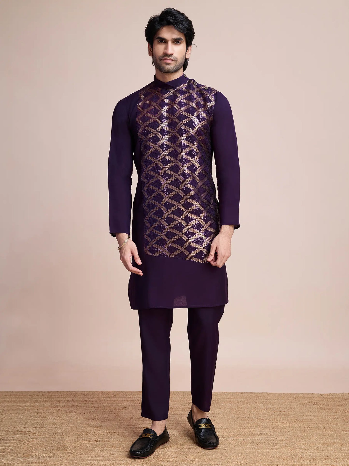 Purple Silk Thread & Sequins Embroidered Work Kurta