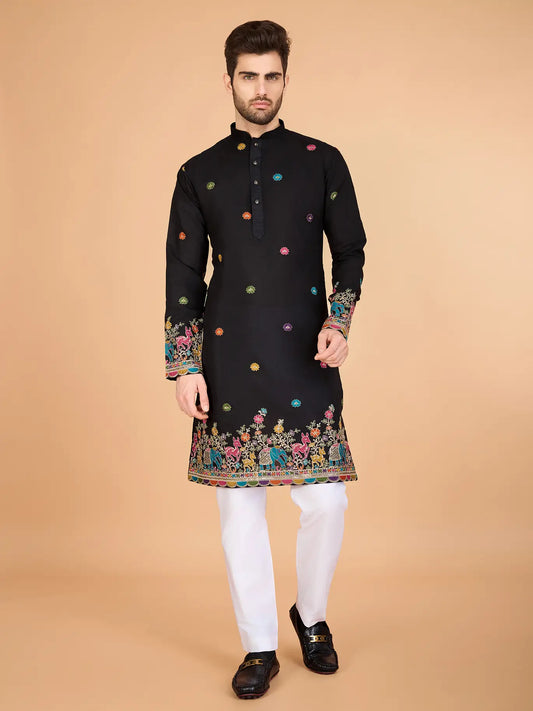 Black Silk Kurta With Thread & Sequins Embroidered Work