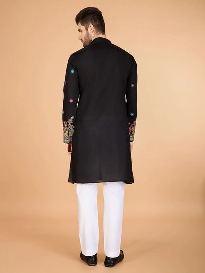 Black Silk Kurta With Thread & Sequins Embroidered Work