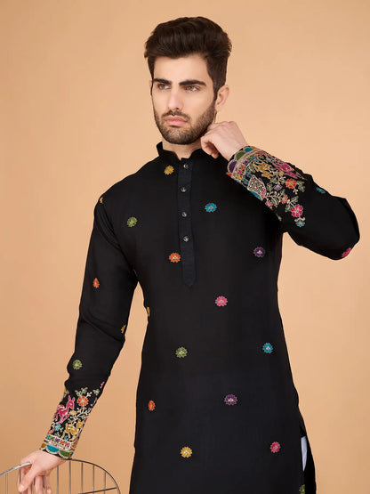 Black Silk Kurta With Thread & Sequins Embroidered Work