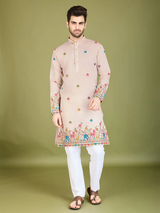 Ivory Silk Kurta With Thread & Sequins Embroidered Work