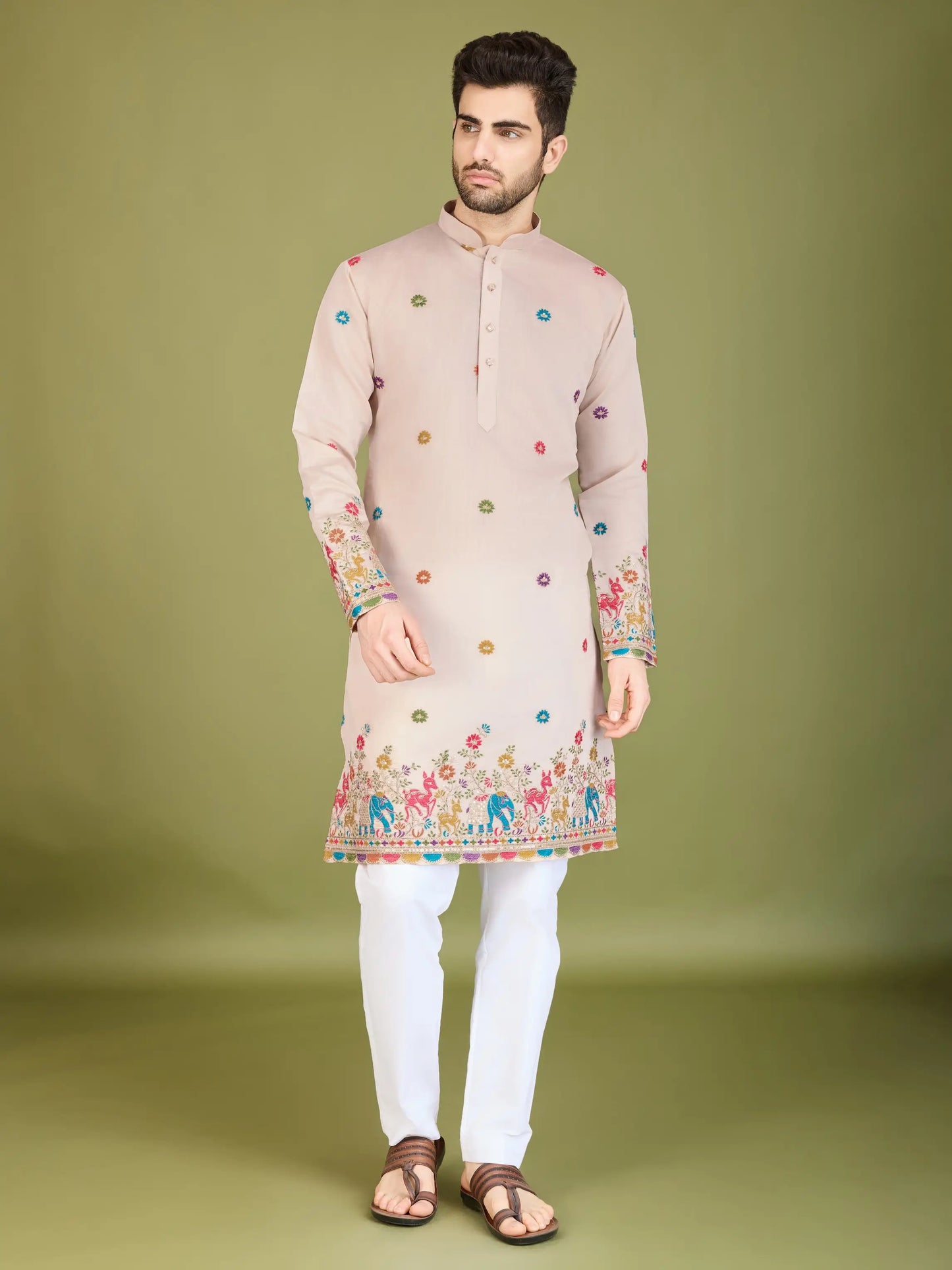 Ivory Silk Kurta With Thread & Sequins Embroidered Work