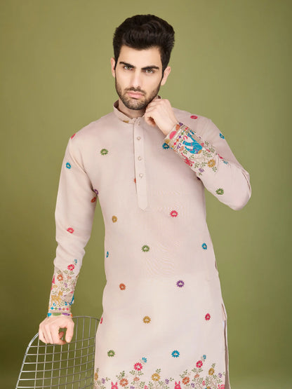 Ivory Silk Kurta With Thread & Sequins Embroidered Work