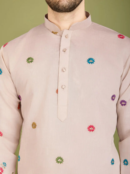 Ivory Silk Kurta With Thread & Sequins Embroidered Work