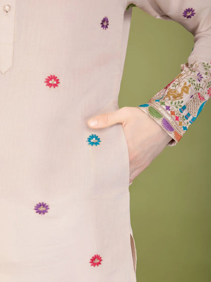Ivory Silk Kurta With Thread & Sequins Embroidered Work