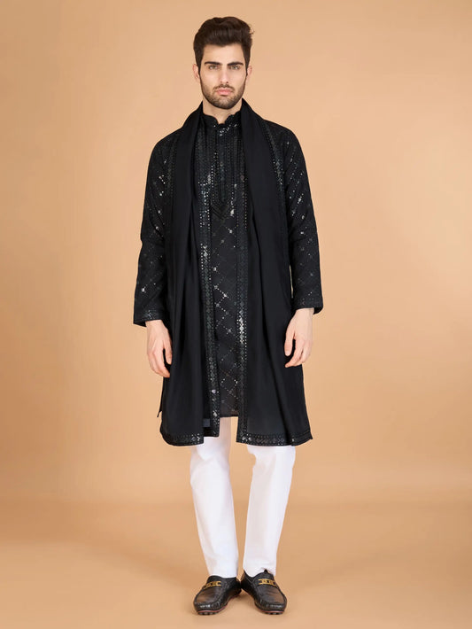 Black Silk Thread & Sequins Embroidered Work Kurta With Dupatta