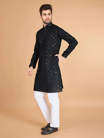 Black Silk Thread & Sequins Embroidered Work Kurta With Dupatta