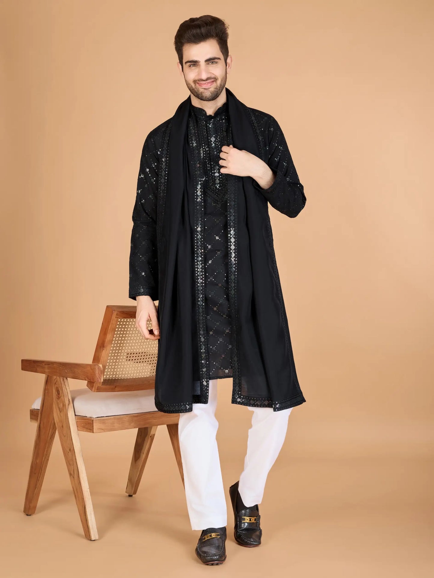 Black Silk Thread & Sequins Embroidered Work Kurta With Dupatta