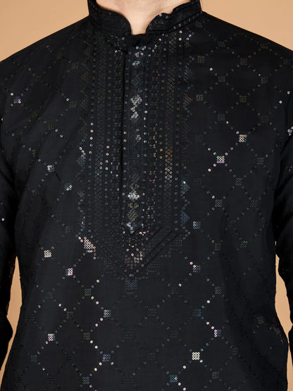 Black Silk Thread & Sequins Embroidered Work Kurta With Dupatta