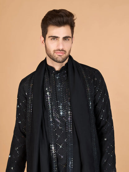 Black Silk Thread & Sequins Embroidered Work Kurta With Dupatta