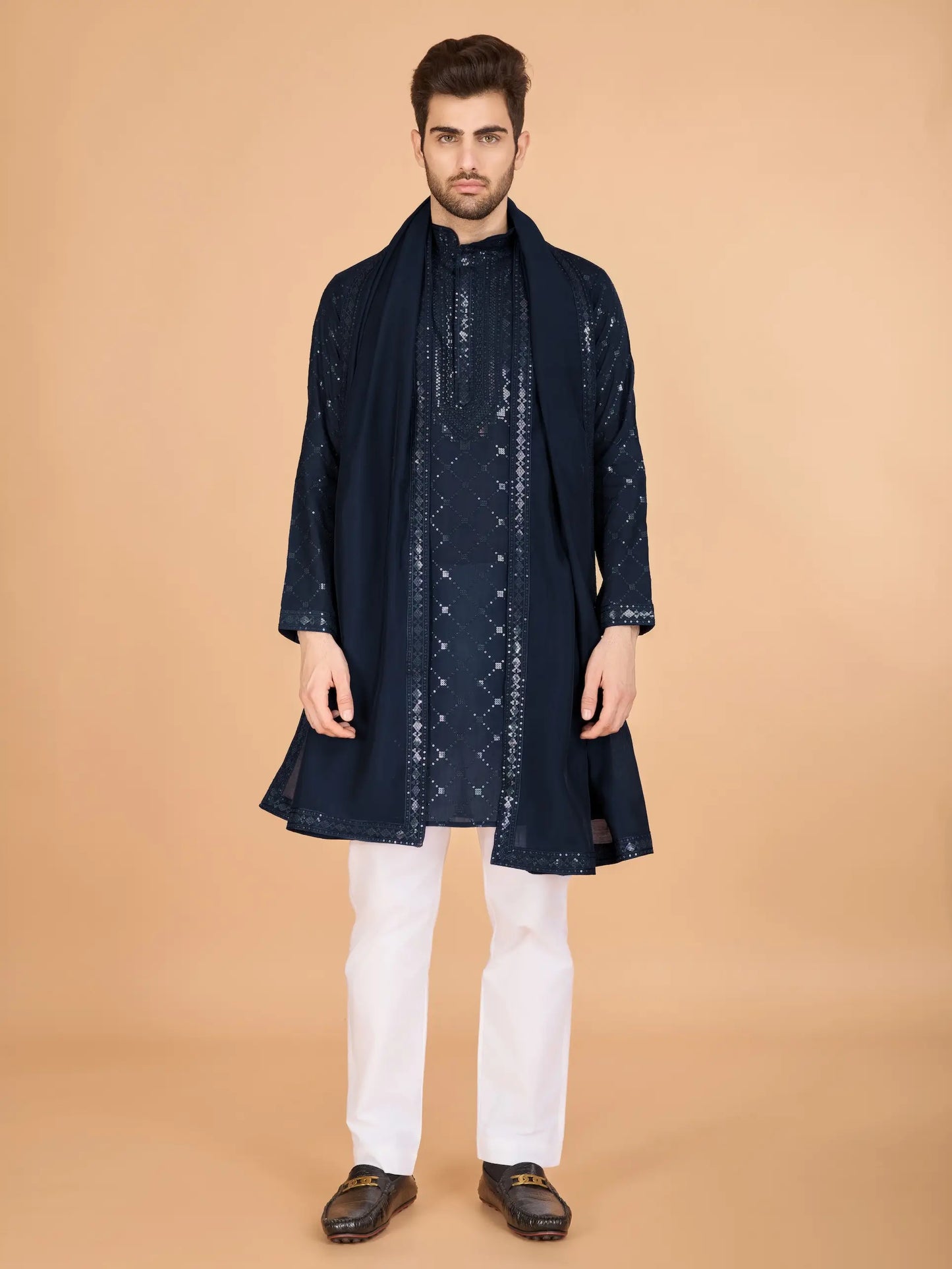 Navy Blue Silk Thread & Sequins Embroidered Work Kurta With Dupatta