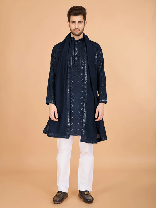 Navy Blue Silk Thread & Sequins Embroidered Work Kurta With Dupatta