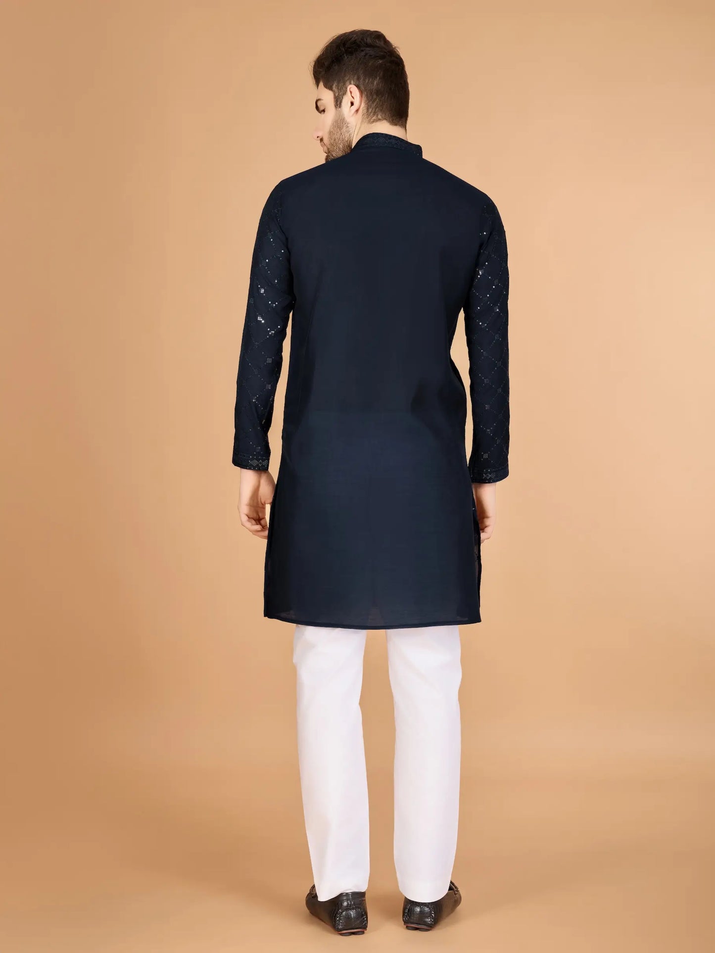 Navy Blue Silk Thread & Sequins Embroidered Work Kurta With Dupatta