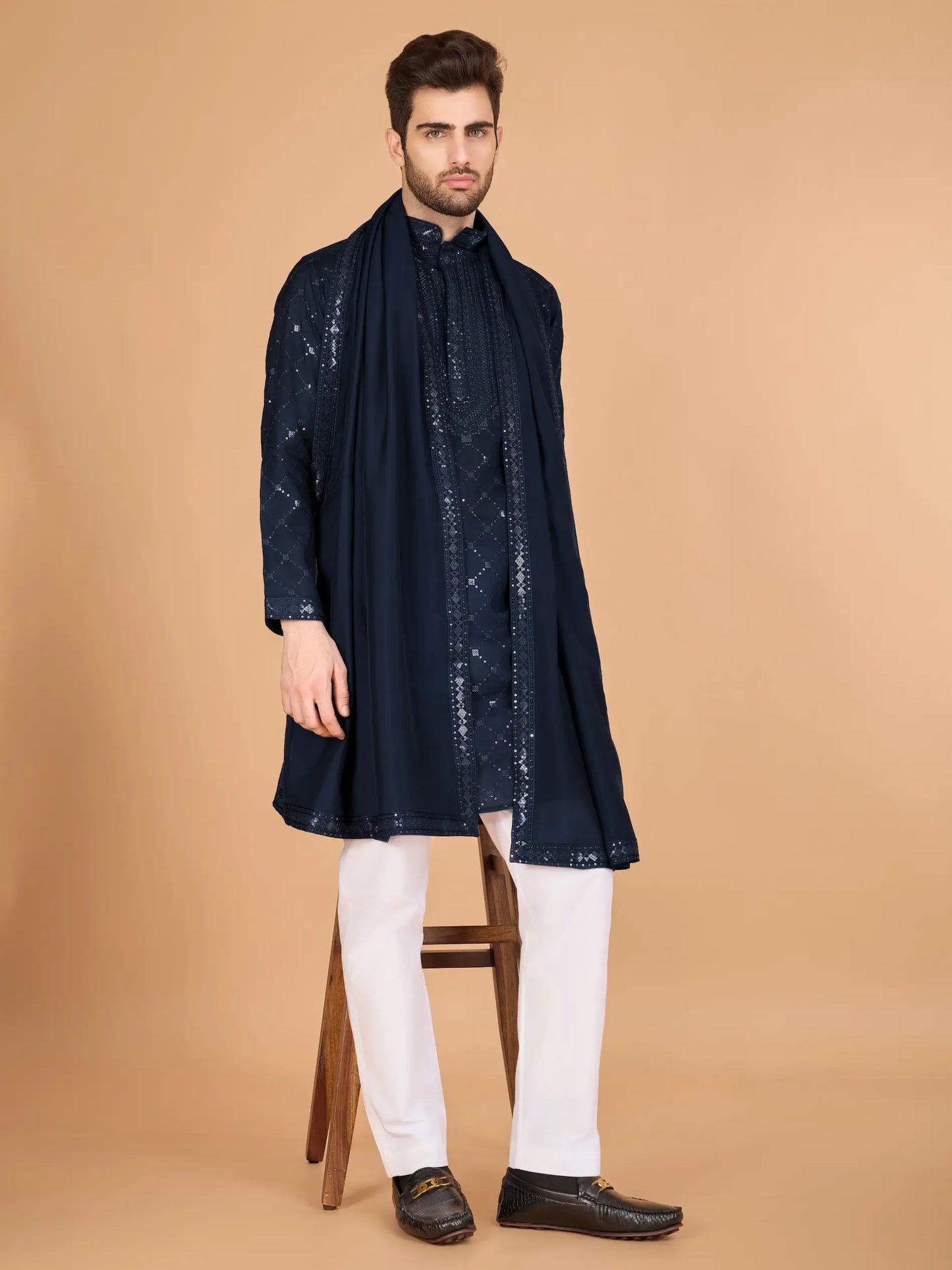 Navy Blue Silk Thread & Sequins Embroidered Work Kurta With Dupatta