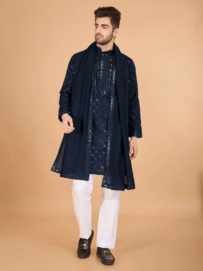 Navy Blue Silk Thread & Sequins Embroidered Work Kurta With Dupatta