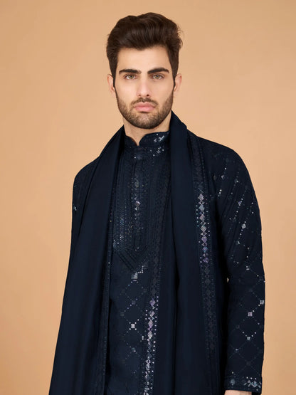 Navy Blue Silk Thread & Sequins Embroidered Work Kurta With Dupatta