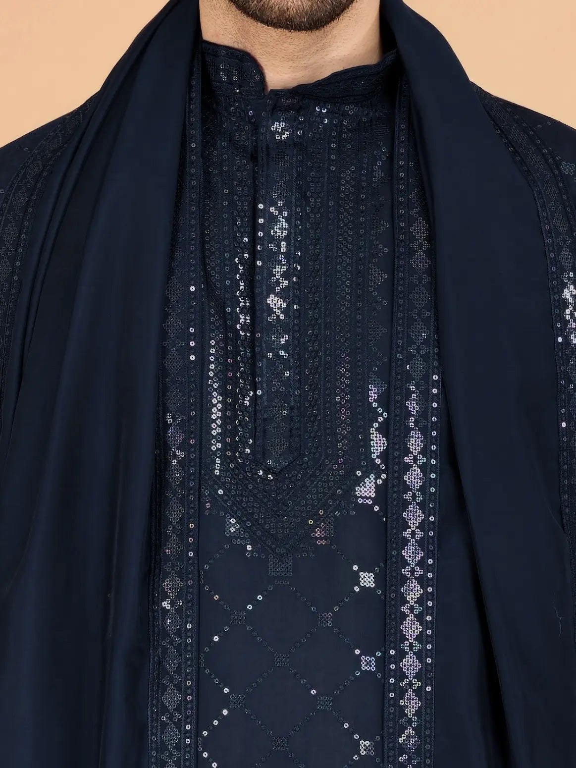Navy Blue Silk Thread & Sequins Embroidered Work Kurta With Dupatta