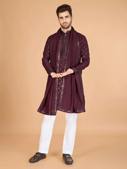 Maroon Thread & Sequins Embroidered Work Kurta With Dupatta