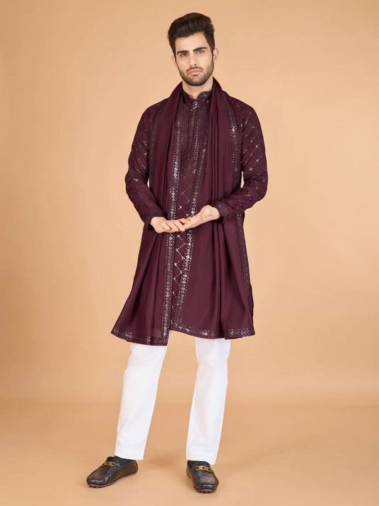 Maroon Thread & Sequins Embroidered Work Kurta With Dupatta