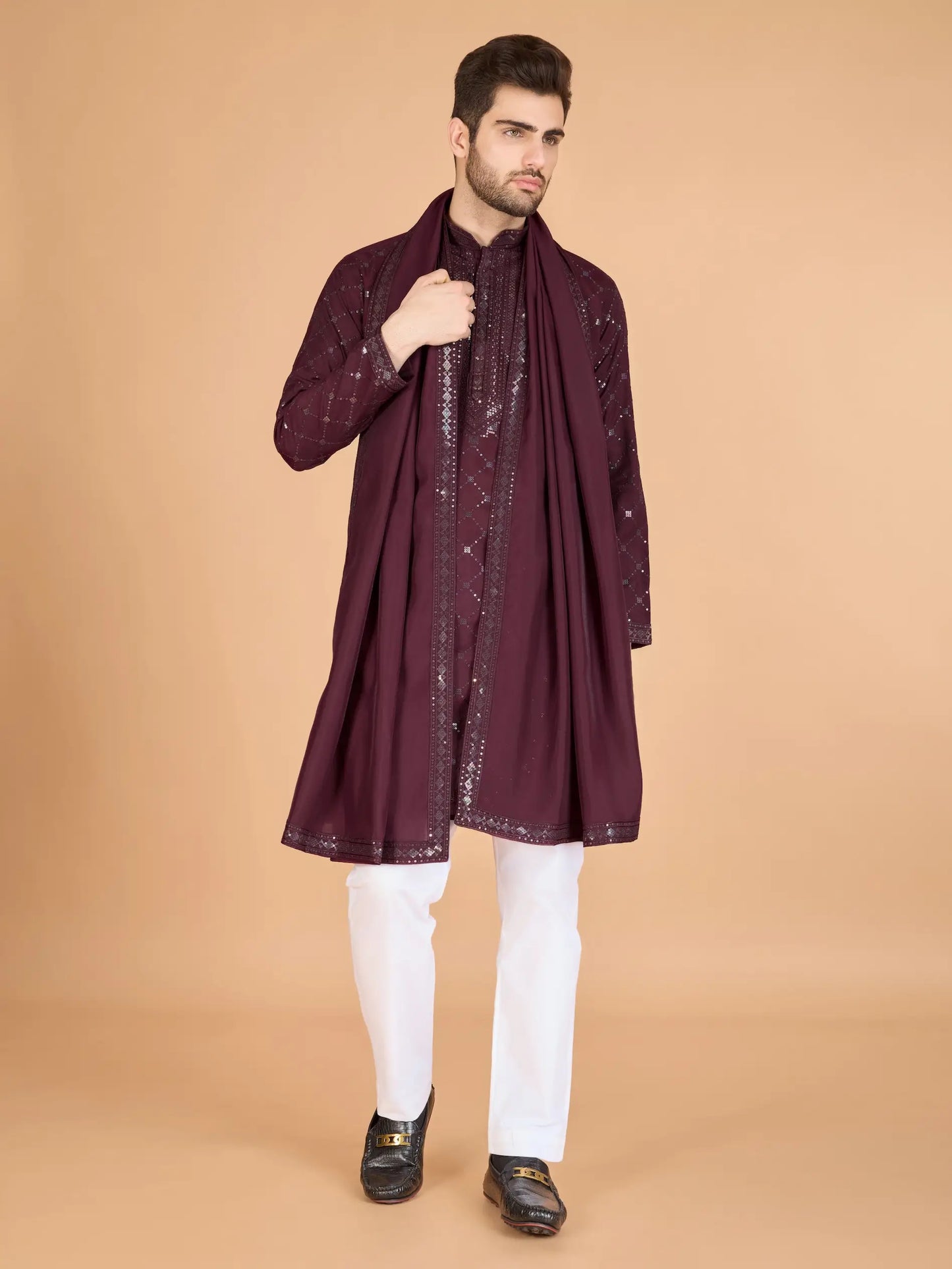 Maroon Thread & Sequins Embroidered Work Kurta With Dupatta