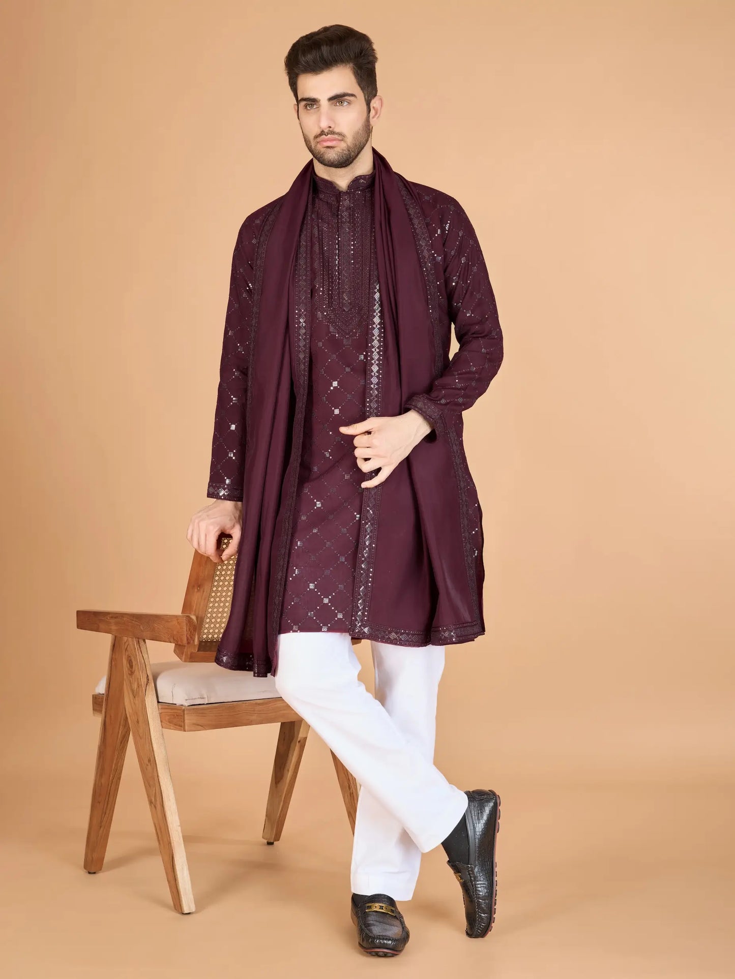 Maroon Thread & Sequins Embroidered Work Kurta With Dupatta