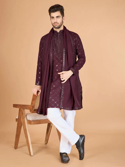 Maroon Thread & Sequins Embroidered Work Kurta With Dupatta