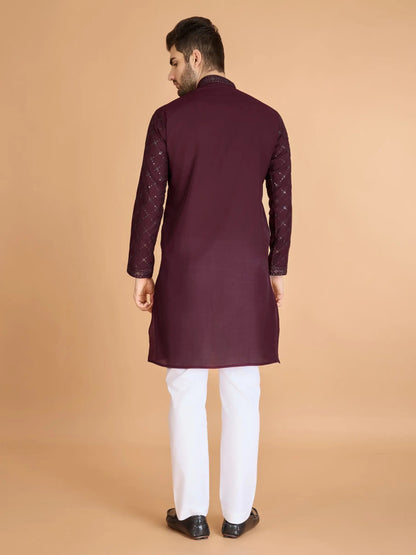 Maroon Thread & Sequins Embroidered Work Kurta With Dupatta