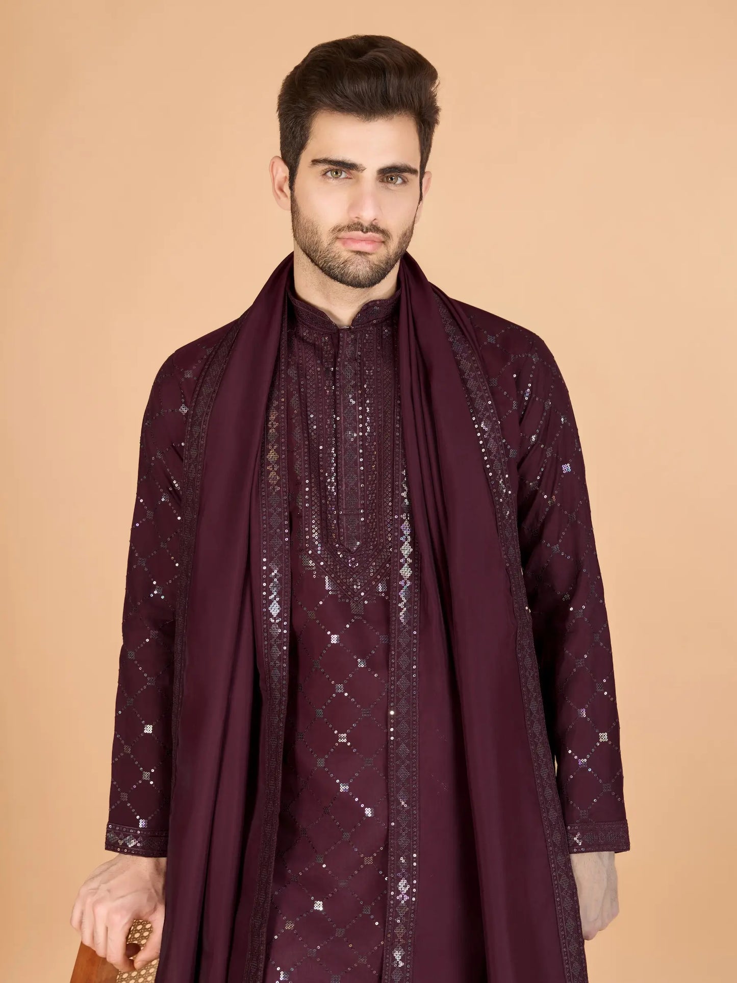 Maroon Thread & Sequins Embroidered Work Kurta With Dupatta