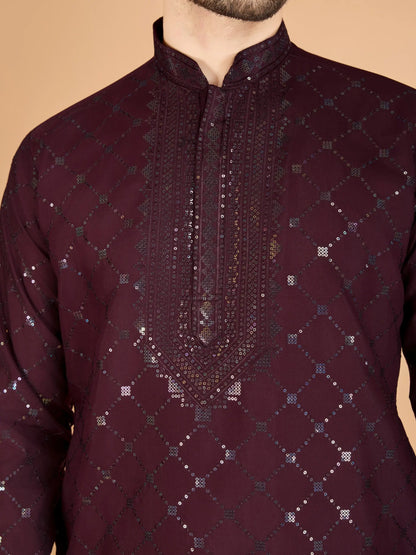 Maroon Thread & Sequins Embroidered Work Kurta With Dupatta