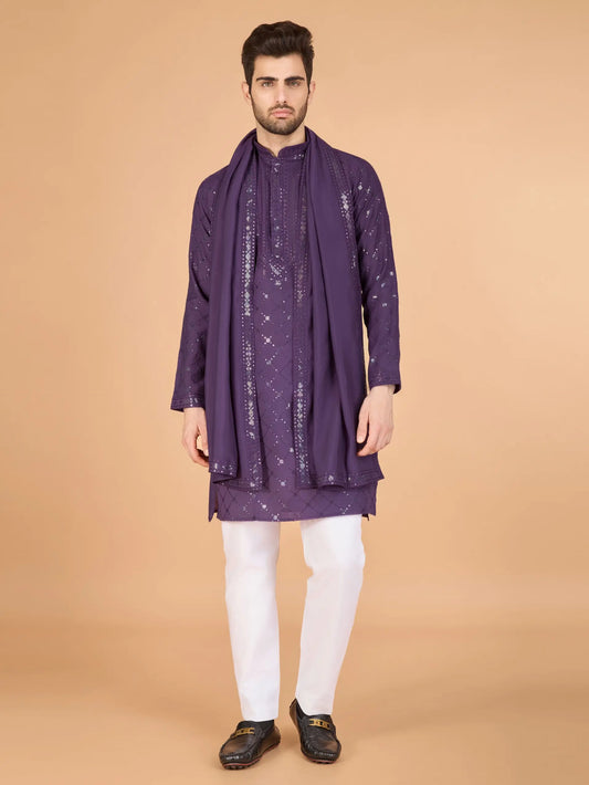 Dusty Purple Thread & Sequins Embroidered Work Kurta With Dupatta