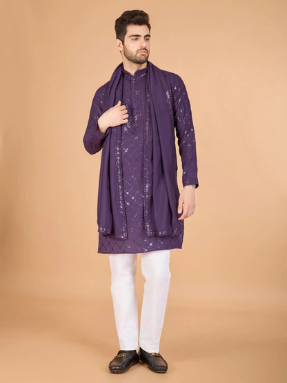 Dusty Purple Thread & Sequins Embroidered Work Kurta With Dupatta