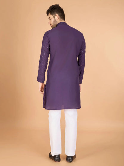 Dusty Purple Thread & Sequins Embroidered Work Kurta With Dupatta