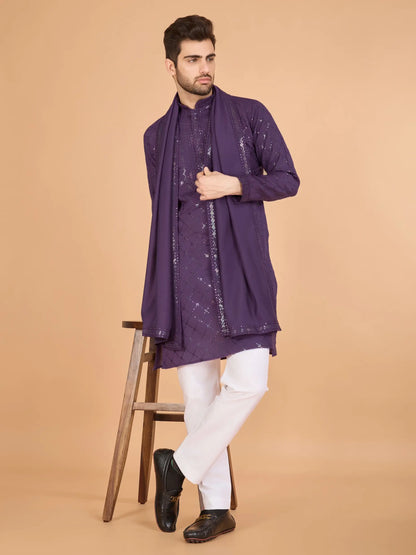 Dusty Purple Thread & Sequins Embroidered Work Kurta With Dupatta