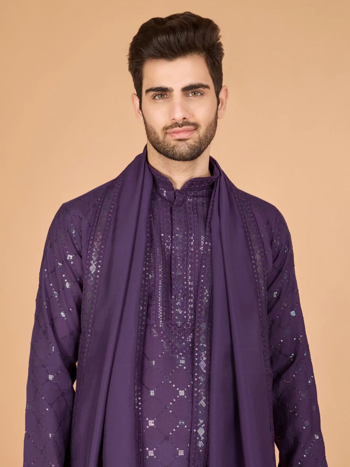 Dusty Purple Thread & Sequins Embroidered Work Kurta With Dupatta