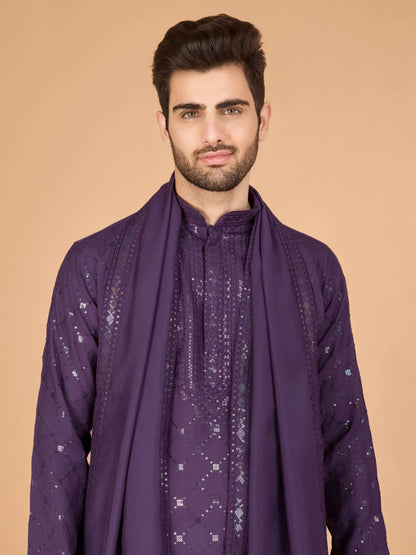 Dusty Purple Thread & Sequins Embroidered Work Kurta With Dupatta