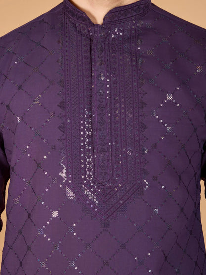 Dusty Purple Thread & Sequins Embroidered Work Kurta With Dupatta