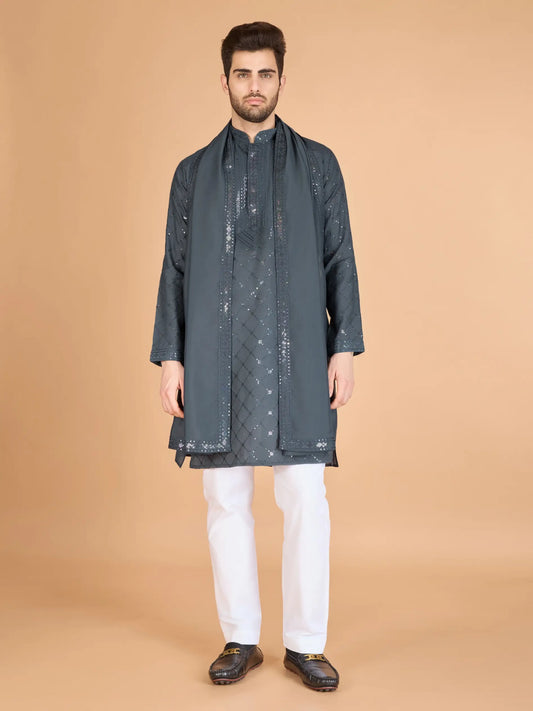 Grey Silk Thread & Sequins Embroidered Work Kurta With Dupatta
