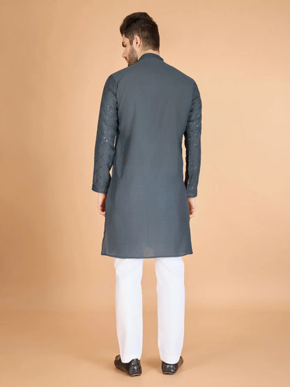 Grey Silk Thread & Sequins Embroidered Work Kurta With Dupatta