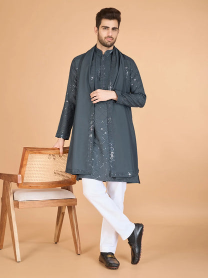 Grey Silk Thread & Sequins Embroidered Work Kurta With Dupatta