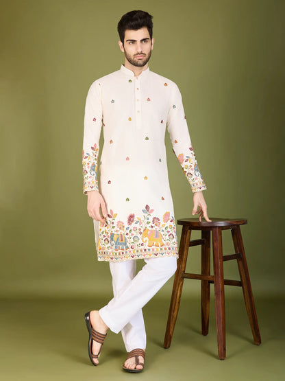 White Cotton Thread & Sequins Embroidered Work Kurta