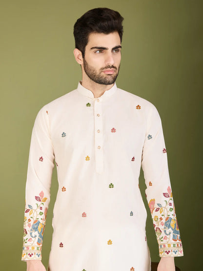 White Cotton Thread & Sequins Embroidered Work Kurta