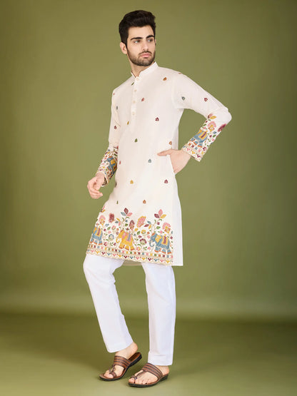 White Cotton Thread & Sequins Embroidered Work Kurta