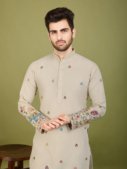 Ivory Cotton Thread & Sequins Embroidered Work Kurta