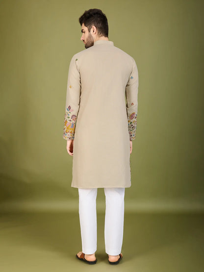 Ivory Cotton Thread & Sequins Embroidered Work Kurta