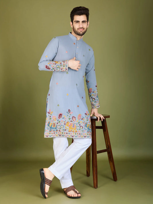Sky Cotton Thread & Sequins Embroidered Work Kurta