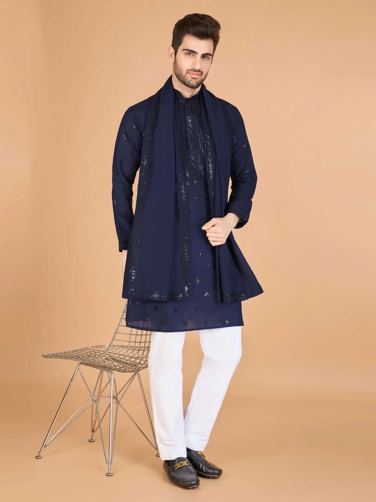 Navy Silk Thread & Sequence Embroidered Work Kurta With Pant & Dupatta