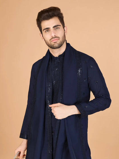 Navy Silk Thread & Sequence Embroidered Work Kurta With Pant & Dupatta