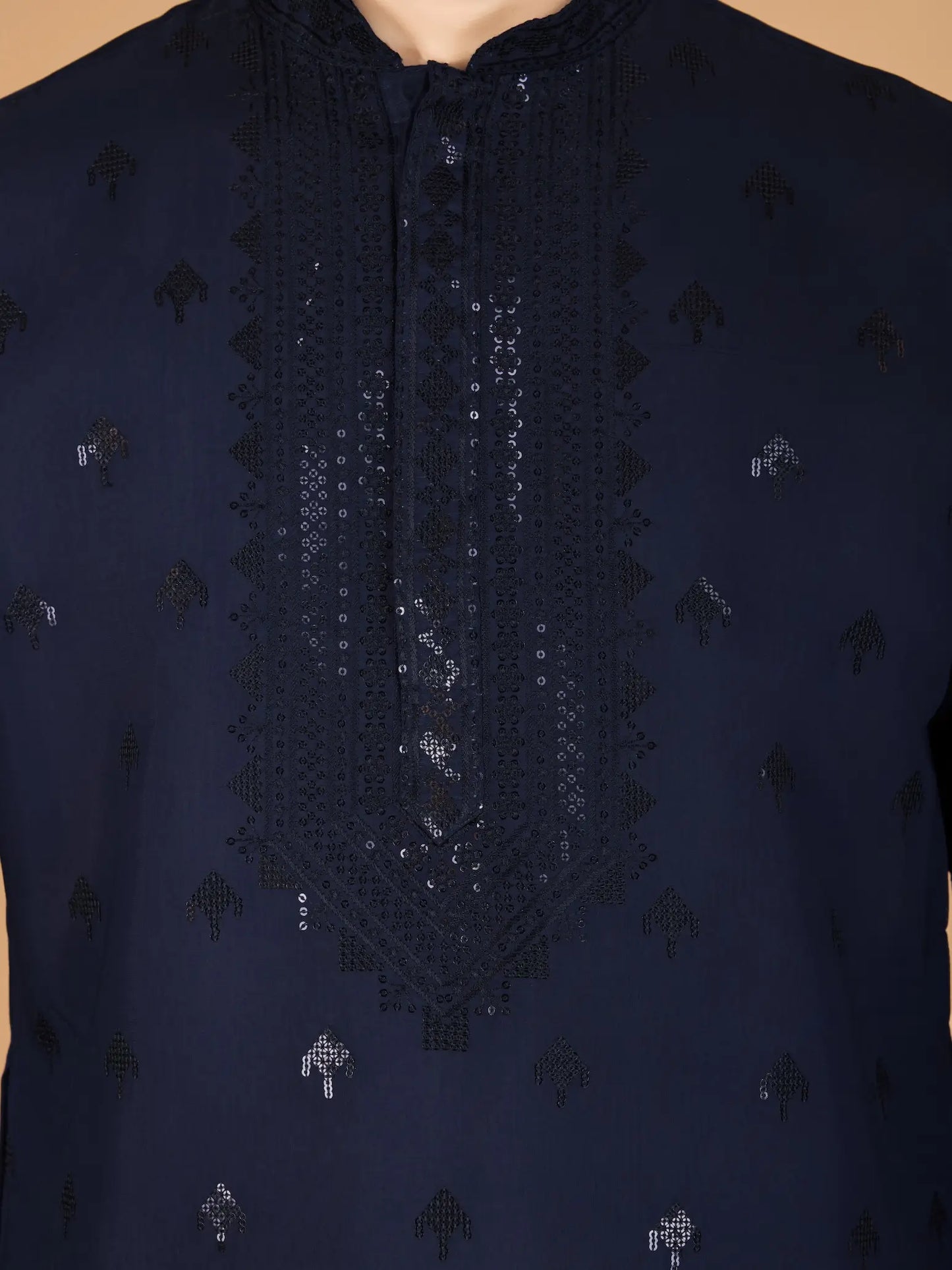 Navy Silk Thread & Sequence Embroidered Work Kurta With Pant & Dupatta